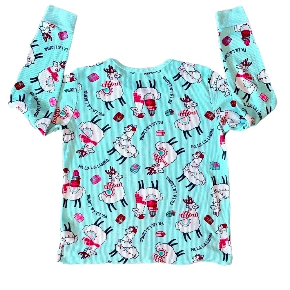 JUSTICE Christmas Llama Long Sleeve Waffle Knit Henley Top